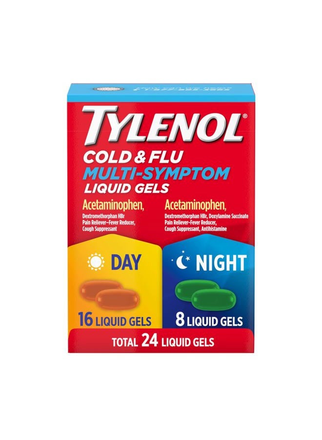 Tylenol عبوة مكونة من جيل سائل متعدد الأعراض للبرد والإنفلونزا نهارًا وليلاً، دواء لتخفيف أعراض البرد والإنفلونزا، مسكن للألم ومخفض للحمى + مثبط للسعال ومضاد للهستامين، 24 حبة - Image 1