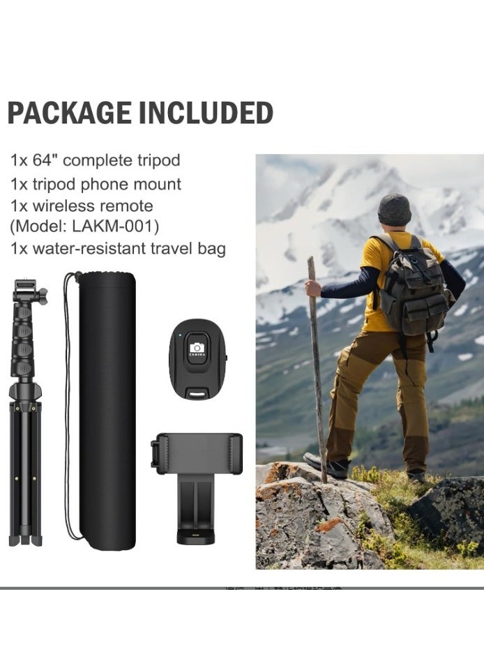 MIXDE - 64-Inch Cell Phone Selfie Stick Tripod, Phone Tripod Stand All-in-1 With Wireless Remote,100% All Aluminum Stick And Legs,Lightweight, Phone Tripod For iPhone 16/15 Series, Galaxy S25, GO Pro,Digital Camera - Image 1
