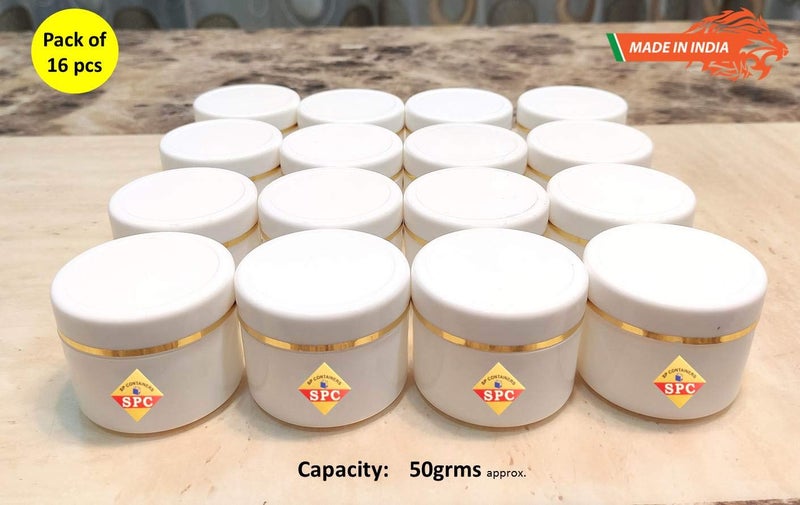 SPC Empty Plastic White Cosmetic Jar Container with Golden Streaks lid for Lip Balms, Body Butters, Cream, Scrub and Other DIY Beauty Products/Concoctions (50 GMS) (Pack of 16 pcs) - Image 2