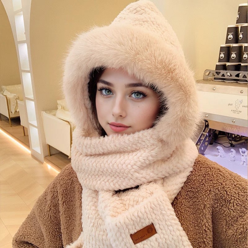 Cute Cat Ear Knit Beanie Women Autumn Winter Fashion Warm 675 beige three-piece set [without ears-big Mao Mao hat brim]]