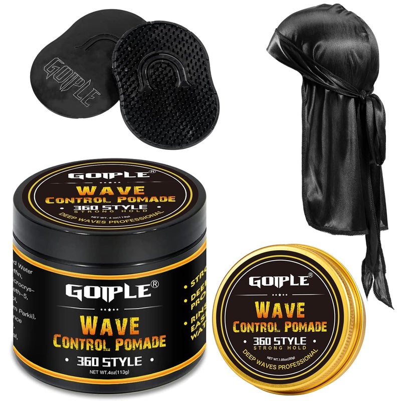 Goiple Natural Wave Pomade for Men Strong Hold Easy Wash 360 Training Hair Cream Grease Promotes Layered Waves Moisture Control and Silky Shine with Travel Size