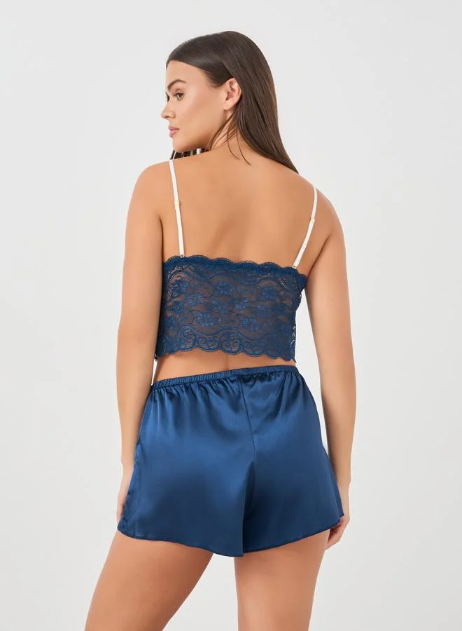 ستايلي Styli Floral Lace Bra and Satin Shorts Set