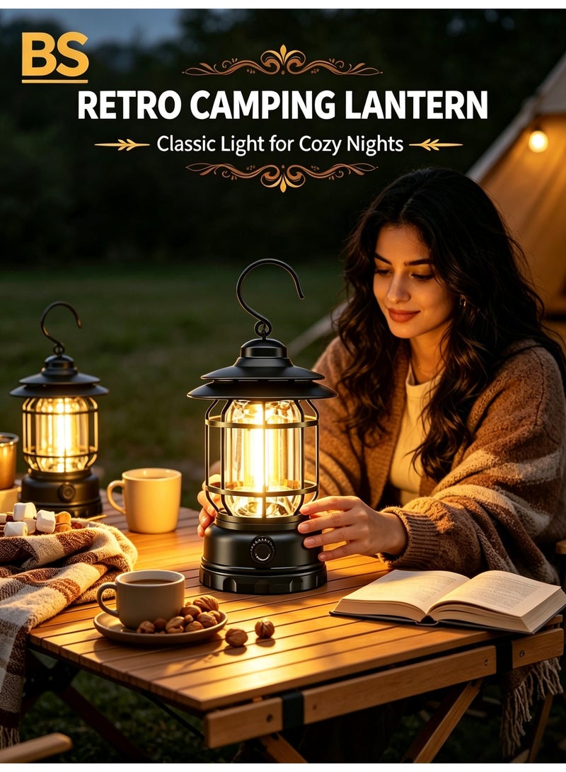 BS Emergency Supplies | 1200mAh Retro LED Camping Lantern | Rechargeable Camping Light | hanging light camping | Adjustable Brightness | Type-C Interface | Suitable for Tents, Outdoors, Power Outages, Hiking, Emergencies, and Fishing (Black) - Image 3