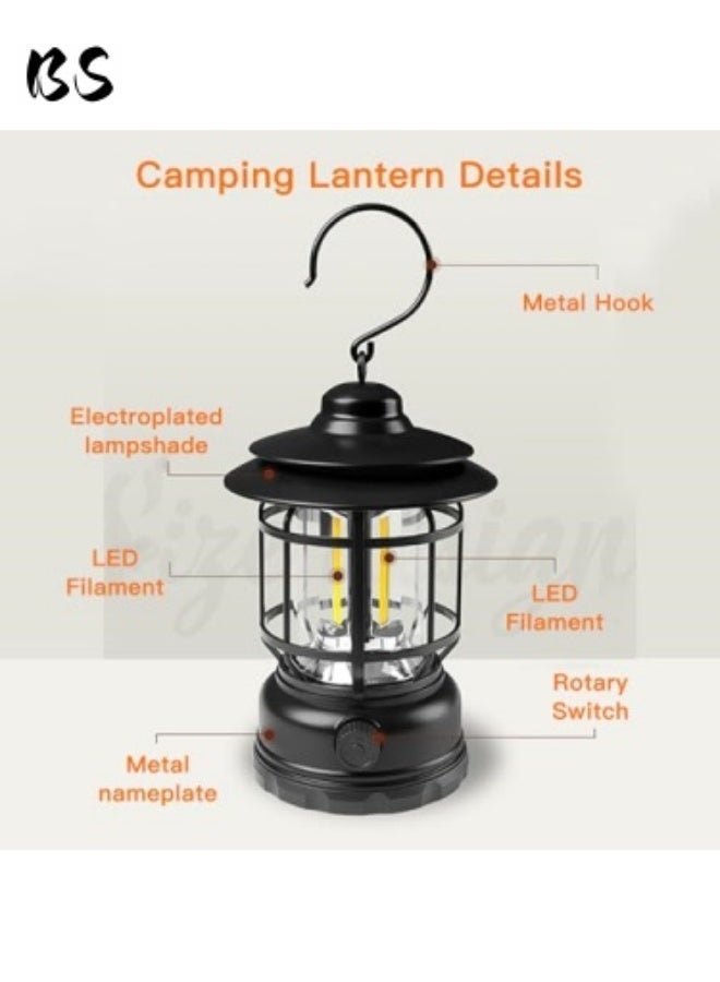 BS Emergency Supplies | 1200mAh Retro LED Camping Lantern | Rechargeable Camping Light | hanging light camping | Adjustable Brightness | Type-C Interface | Suitable for Tents, Outdoors, Power Outages, Hiking, Emergencies, and Fishing (Black) - Image 5