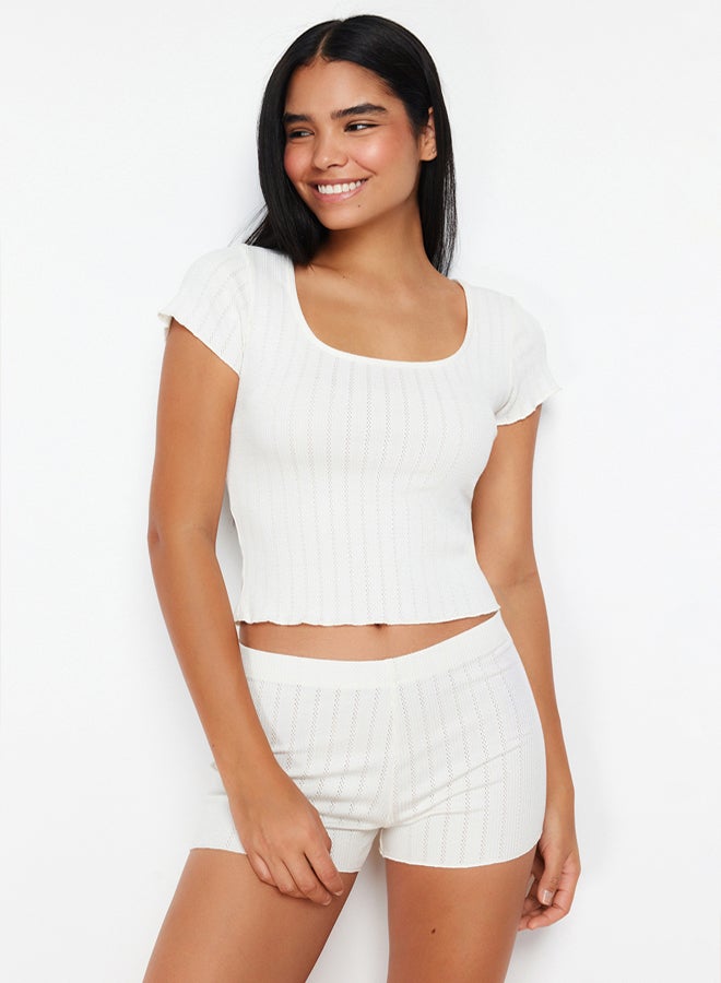 trendyol White Corded Openwork/Perforated Shorts Knitted Pajamas Set - Image 1