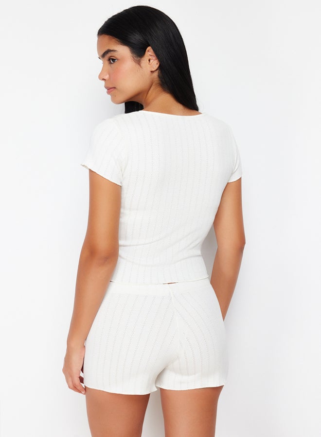 trendyol White Corded Openwork/Perforated Shorts Knitted Pajamas Set - Image 5