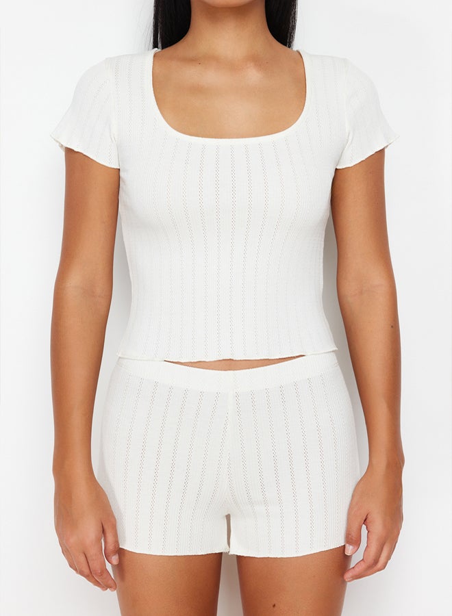 trendyol White Corded Openwork/Perforated Shorts Knitted Pajamas Set - Image 4