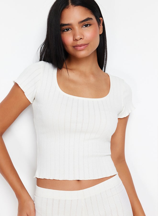 trendyol White Corded Openwork/Perforated Shorts Knitted Pajamas Set - Image 2