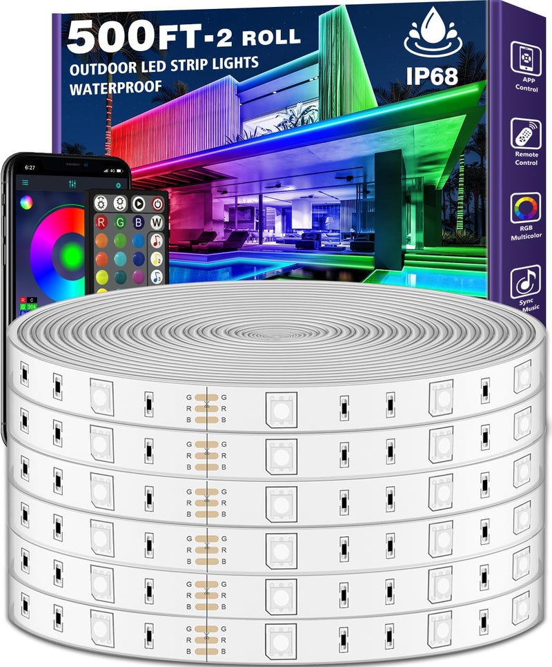 LETIANPAI 500ft Outdoor LED Strip Lights Waterproof 1 RollIP68 Outside Led Light Strips with App and RemoteMusic Sync RGB Exterior Rope Self Adhesive Back for DeckBalconyPool - Image 2