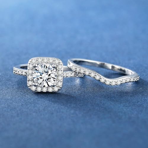 MDFUN 18K White Gold Plated Cubic Zirconia Two-In-One Halo Wedding Engagement Promise Eternity Ring for Women Size 8 - Image 4