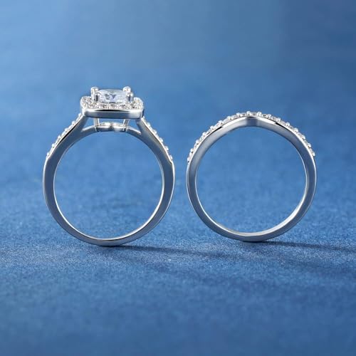 MDFUN 18K White Gold Plated Cubic Zirconia Two-In-One Halo Wedding Engagement Promise Eternity Ring for Women Size 8 - Image 5