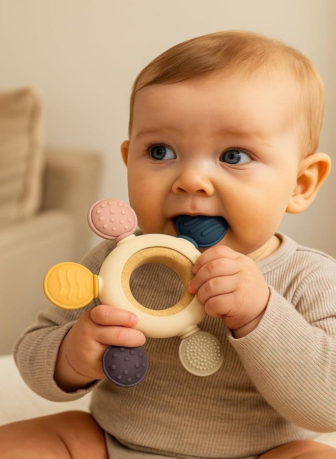 MBKOH Silicone & Wooden Baby Teether for 3+ Months | BPA Free Soft Teething Toy | Safe Teether for Infants | Round Shape | Color - Beige - Image 3