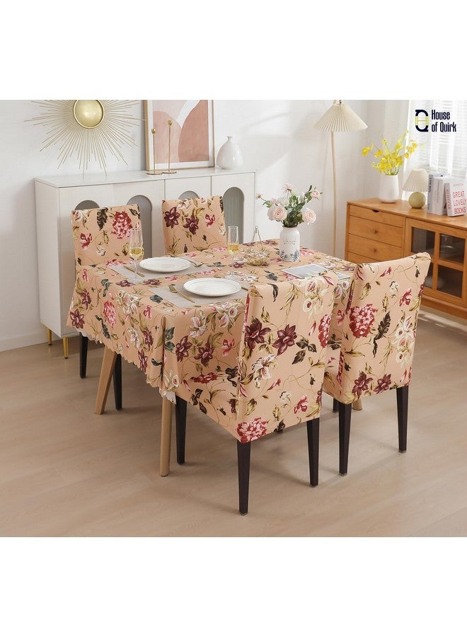 House of Quirk Dining Chair Cover with Table Covers for Kitchen Waterproof Dining Table Cloth (Dark Beige/Flower Pink/Green, 1 Table Cover + 4 Chair Cover) - Image 2