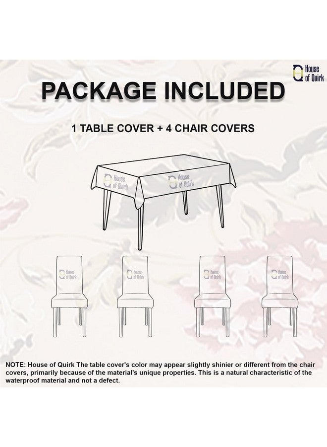 House of Quirk Dining Chair Cover with Table Covers for Kitchen Waterproof Dining Table Cloth (Dark Beige/Flower Pink/Green, 1 Table Cover + 4 Chair Cover) - Image 4