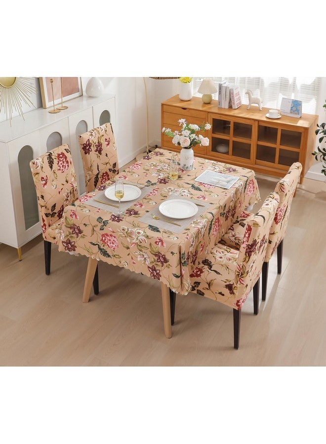 House of Quirk Dining Chair Cover with Table Covers for Kitchen Waterproof Dining Table Cloth (Dark Beige/Flower Pink/Green, 1 Table Cover + 4 Chair Cover) - Image 1