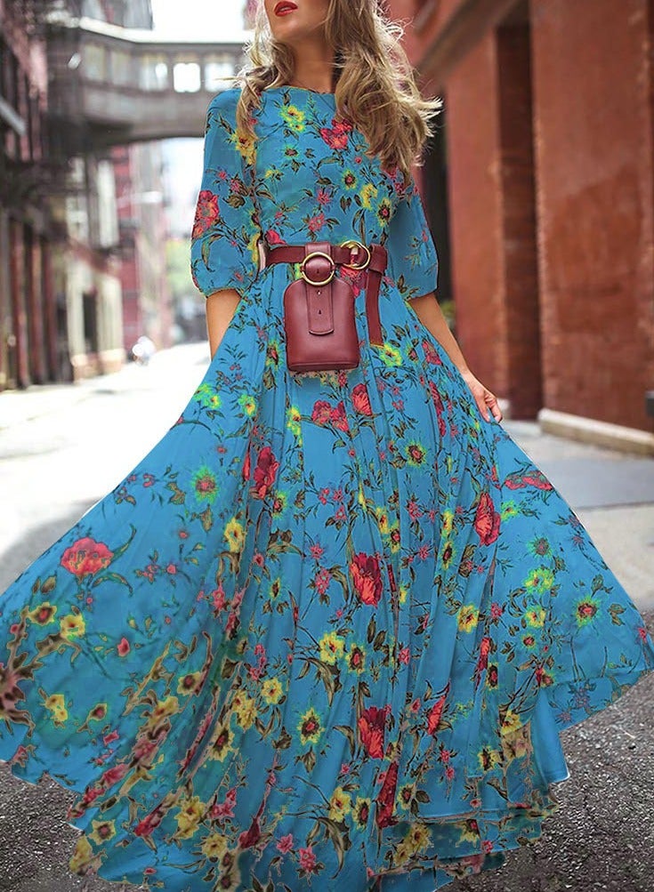 NIBEMINENT Women's Dress Printed Large Skirt Elegant Chiffon Floral Fitted Long Dress - Image 1