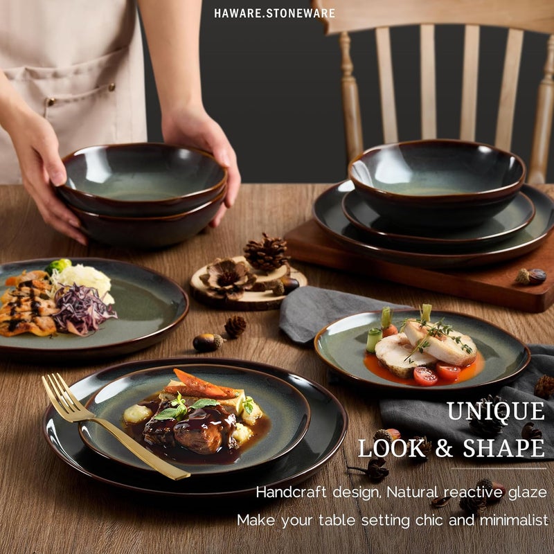 HaWare طقم أطباق وأوعية هاوير من الخزف - 18 قطعة - طقم أطباق يدوي الطلاء لـ 6 أشخاص - أدوات مائدة خزفية للمطبخ - مقاومة للخدوش - آمنة للاستخدام في الميكروويف وغسالة الصحون - لون أخضر موسى تفاعلي - Image 4