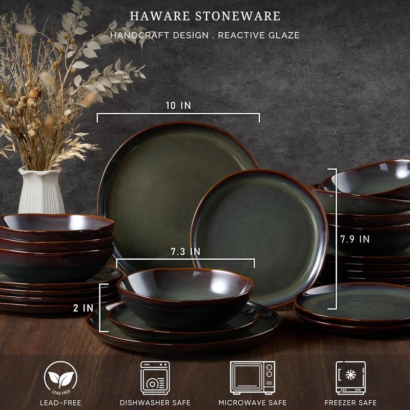 HaWare طقم أطباق وأوعية هاوير من الخزف - 18 قطعة - طقم أطباق يدوي الطلاء لـ 6 أشخاص - أدوات مائدة خزفية للمطبخ - مقاومة للخدوش - آمنة للاستخدام في الميكروويف وغسالة الصحون - لون أخضر موسى تفاعلي - Image 2