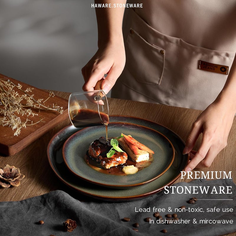 HaWare طقم أطباق وأوعية هاوير من الخزف - 18 قطعة - طقم أطباق يدوي الطلاء لـ 6 أشخاص - أدوات مائدة خزفية للمطبخ - مقاومة للخدوش - آمنة للاستخدام في الميكروويف وغسالة الصحون - لون أخضر موسى تفاعلي - Image 3