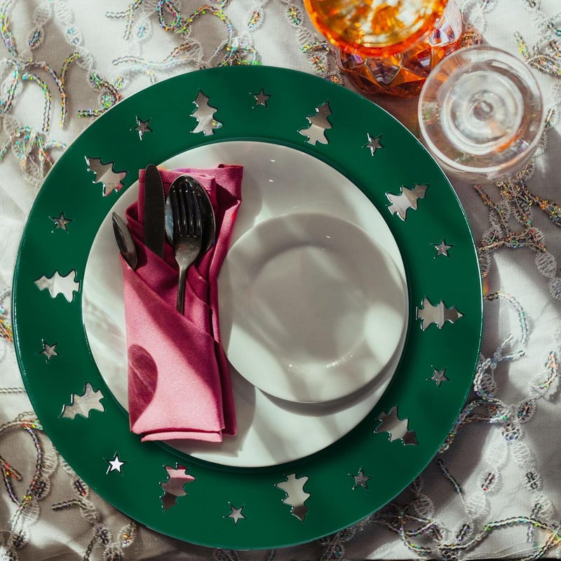 Kazozobi Christmas Charger Plates  13 Christmas Tree Openwork Holidays Decorations Round Chargers for Dinner Plates  Elegant Table Centerpieces  Hunter Green 6 Pack - Image 2