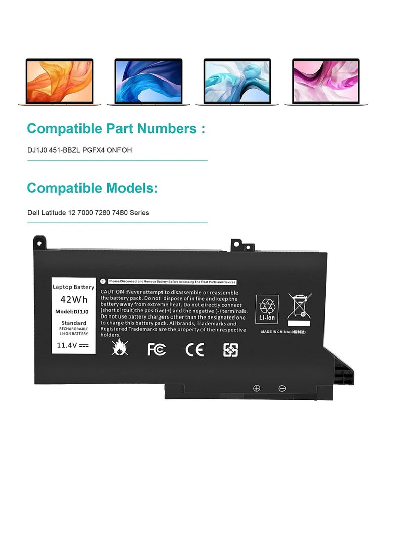 Generic - Replacement 11.4V 42Wh DJ1J0 PGFX4 Laptop battery compatible for Dell Latitude 7280 7290 7380 7390 7480 7490 Lithium-Ion 451-BBZL PGFX4 ONFOH DJ1JO,new replace battery - Image 1