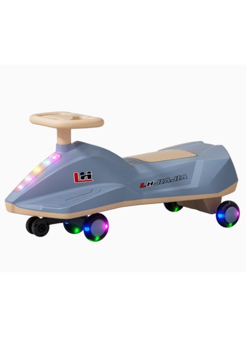A swaying car that operates with oscillation, rotation, turns and tilt movements for steering, with polyurethane wheels, music and flashing LED lighting for children of both sexes