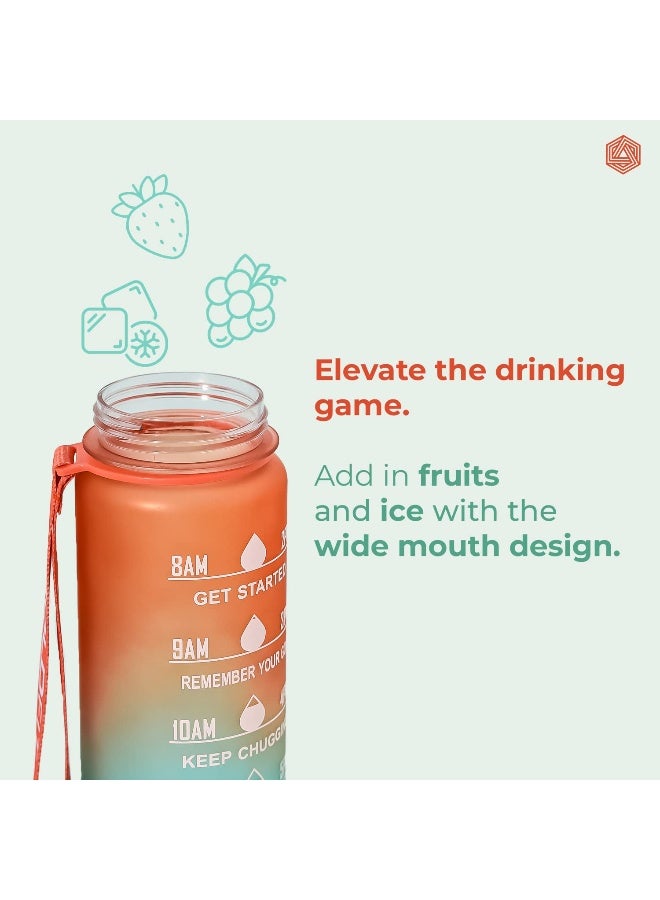 BOLDFIT زجاجات ماء سعة 1 لتر زجاجة شرب للبالغين والأطفال، زجاجة ماء غير قابلة للكسر مع تحفيز وعلامات زمنية مع قشة - وقت للجيم والمكتب والمدرسة والمنزل زجاجة ماء للأطفال - تيل برتقالي بلاستيك - Image 5