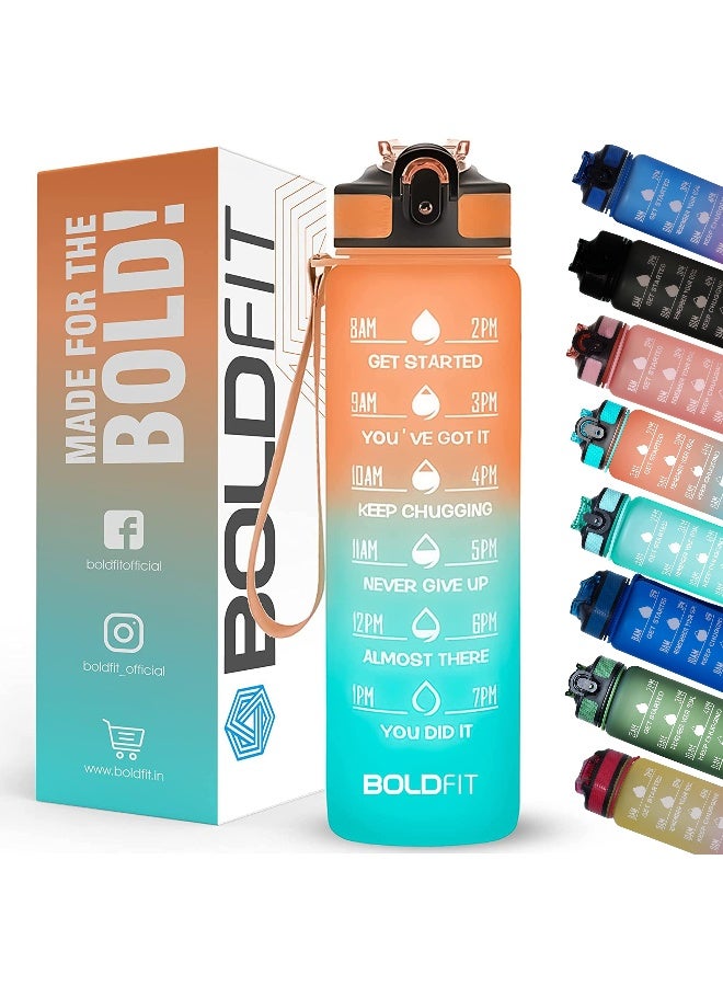 BOLDFIT زجاجات ماء سعة 1 لتر زجاجة شرب للبالغين والأطفال، زجاجة ماء غير قابلة للكسر مع تحفيز وعلامات زمنية مع قشة - وقت للجيم والمكتب والمدرسة والمنزل زجاجة ماء للأطفال - تيل برتقالي بلاستيك - Image 1