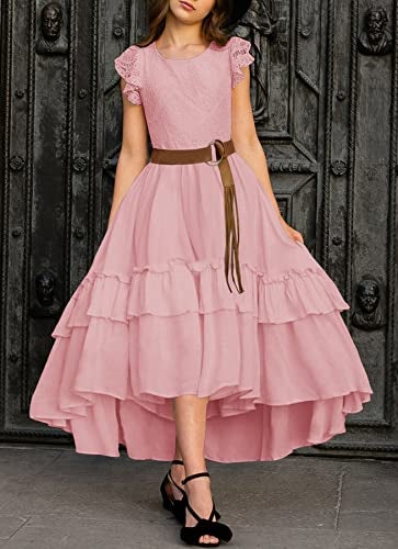 HOSIKA Girls Vintage Floral Lace Boho Ruffle Swing Birthday Party Holiday Flower Girl Dress for Kids 6-12 Years Pink XL - Image 2