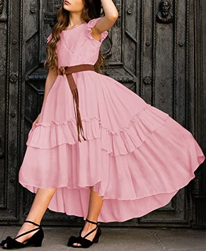 HOSIKA Girls Vintage Floral Lace Boho Ruffle Swing Birthday Party Holiday Flower Girl Dress for Kids 6-12 Years Pink XL - Image 3