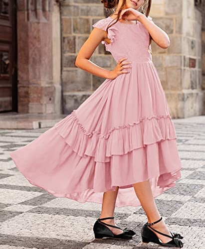 HOSIKA Girls Vintage Floral Lace Boho Ruffle Swing Birthday Party Holiday Flower Girl Dress for Kids 6-12 Years Pink XL - Image 4