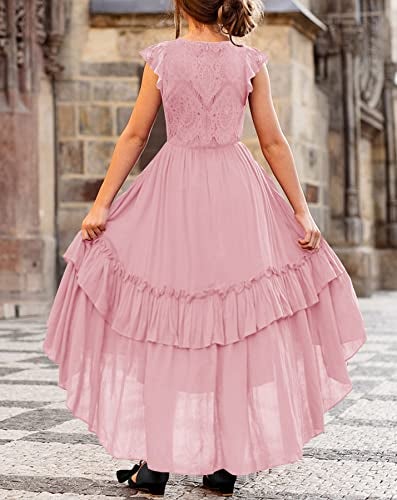 HOSIKA Girls Vintage Floral Lace Boho Ruffle Swing Birthday Party Holiday Flower Girl Dress for Kids 6-12 Years Pink XL - Image 5