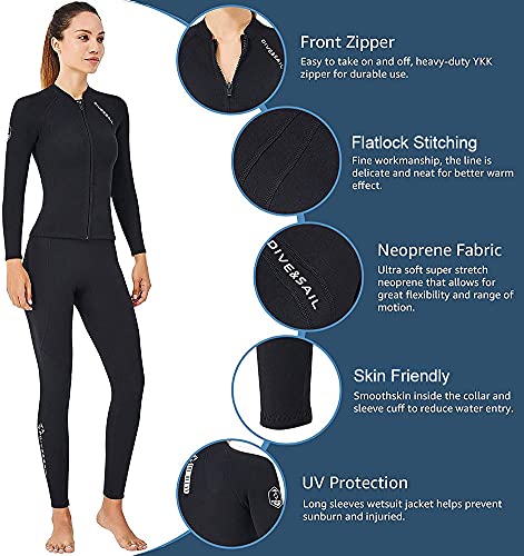 Skyone Wetsuit Top Women Men 2MM Neoprene Wetsuit Jacket Long Sleeve Diving Surfing Top, 3MM 1.5MM Wetsuits Shirt Vest Scuba Swimming Snorkeling Suit Swimsuit Warm for Water Sports (2mm Women, M) - Image 4