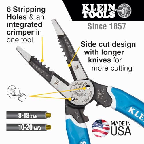 Klein Tools K12065CR Wire Stripper / Cutter / Crimper Tool, Made in USA, for Cutting, Stripping, Crimping, Twisting (8-18 AWG solid, 10-20 AWG stranded) - Image 2