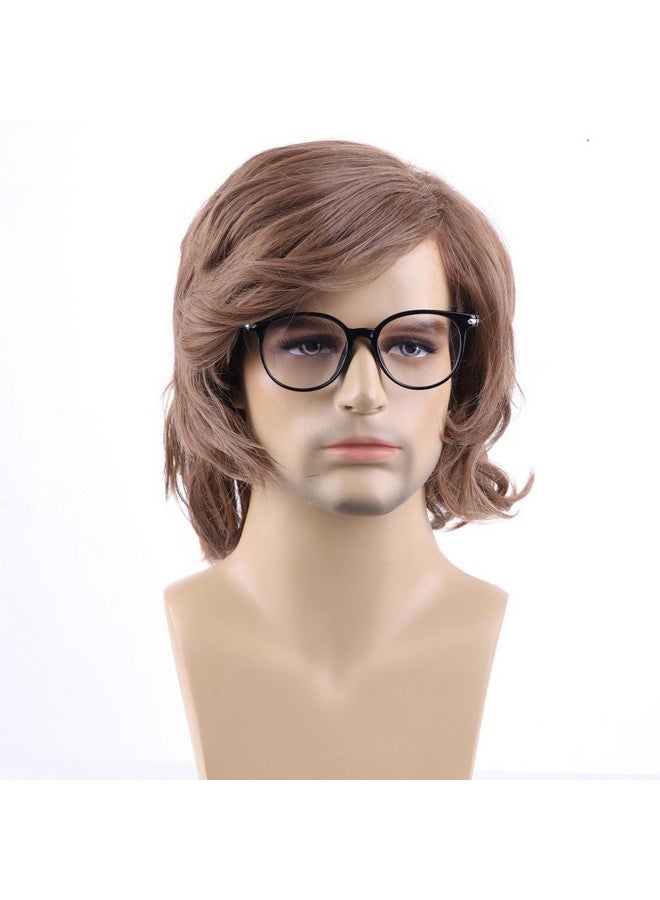 RightOn Shaggy Wig Men Short Wavy Brown Wig 60S 70S Male Rocker Costume Wig For Halloween Cosplay Party Glasses Not Include - Image 1