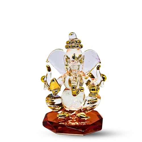 RUECA Crystal Glass Gold Plated Double-Sided Lord Ganesha Idol (8x5x5 cm) for Car Dashboard, Home Decor, and Gifts - Ideal for Housewarming, Diwali. (Orange) - Image 1