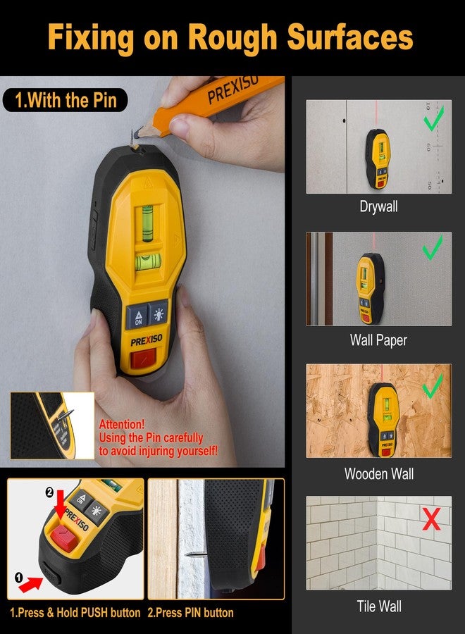 بريكسيسو مستوى ليزر خطي متقاطع 2 في 1 قابل لإعادة الشحن من PREXISO مع كاشف مغناطيسي للمسامير، ليزر خطي مضغوط مع قوارير فقاعات LED لوضع علامات دقيقة، كاشف مسامير، ماسحات جدارية لتعليق الإطارات والصور - Image 4