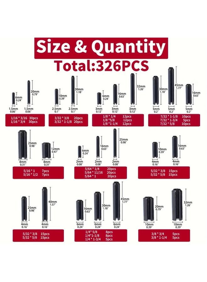 326pcs SAE Roll Pin Set Durable Steel Slotted Spring Pins Assorted Sizes Tool Kit - Image 3