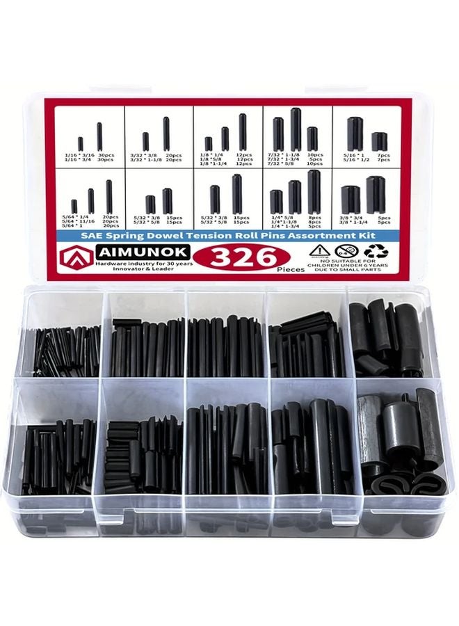 326pcs SAE Roll Pin Set Durable Steel Slotted Spring Pins Assorted Sizes Tool Kit - Image 1
