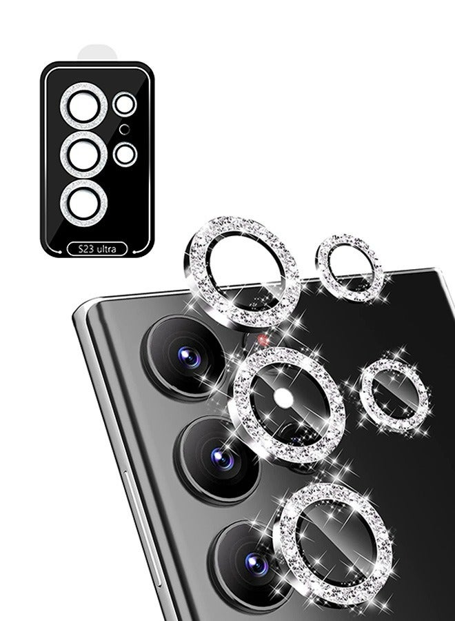 Rhinestone Camera Lens Protector for Galaxy S23 Ultra, HD Tempered Glass Aluminum Alloy Ring, Scratch proof Metal Mobile Phone Lens Accessories (Silver) - Image 1