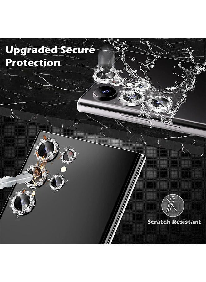 Rhinestone Camera Lens Protector for Galaxy S23 Ultra, HD Tempered Glass Aluminum Alloy Ring, Scratch proof Metal Mobile Phone Lens Accessories (Silver) - Image 4