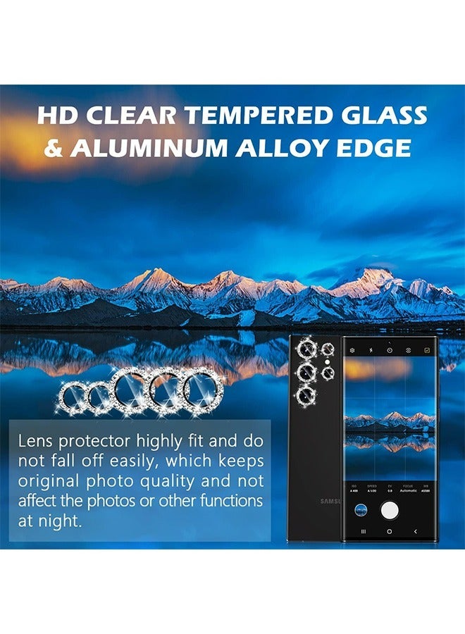 Rhinestone Camera Lens Protector for Galaxy S23 Ultra, HD Tempered Glass Aluminum Alloy Ring, Scratch proof Metal Mobile Phone Lens Accessories (Silver) - Image 5