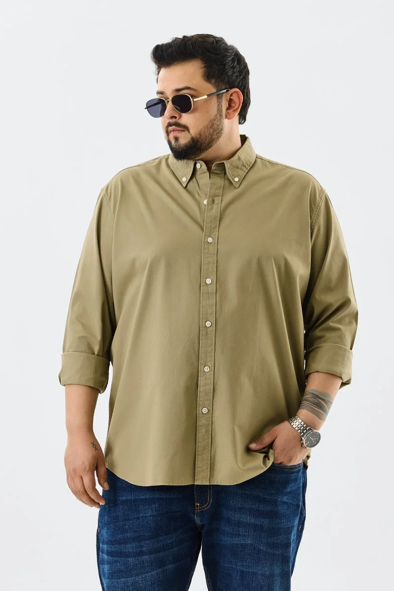 سنيتش Khaki Solid Long Sleeve Regular Fit Casual Plus Size Shirt