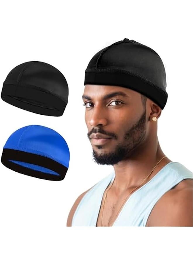 2Pcs Wave Cap Silky Stocking Wave Caps for men, Good Compression Over Durag(Blue+Black) - Image 1