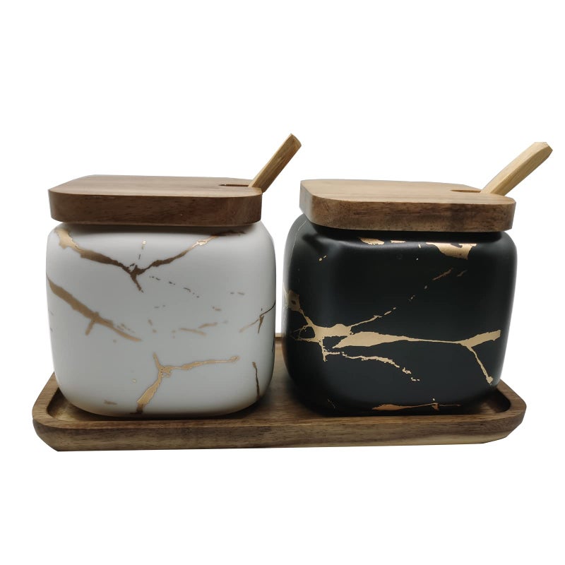 JFFLYIT 2 Sets of Marble Ceramic Sugar Bowl Ceramic Seasoning Jars with Wooden Lid and Wooden SpoonBlack and White