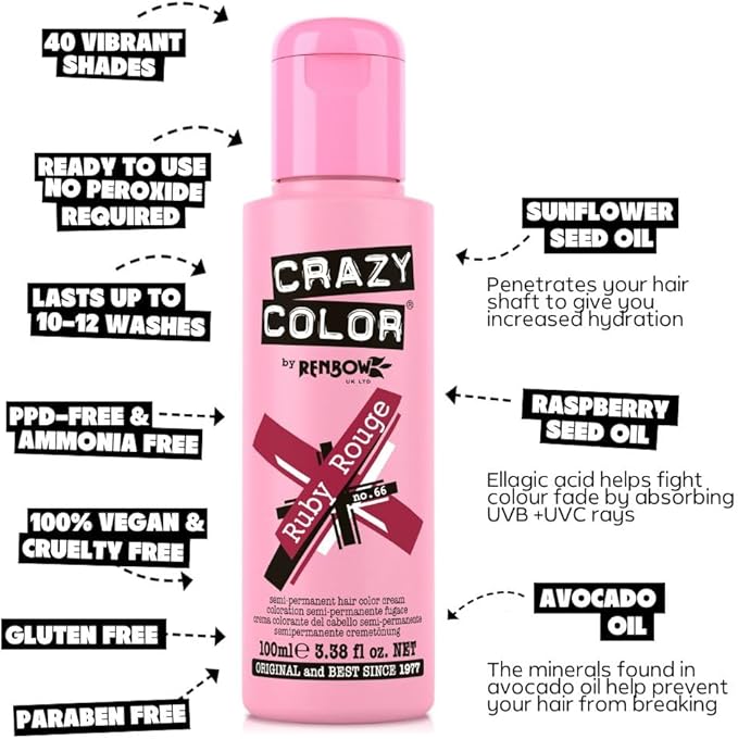 Crazy Color Vibrant Cyclamen SemiPermanent Hair Dye Highly Pigmented Cerise Conditioning Oil Nourishing Vegan Formula No Bleach or Ammonia 100ml - Image 4