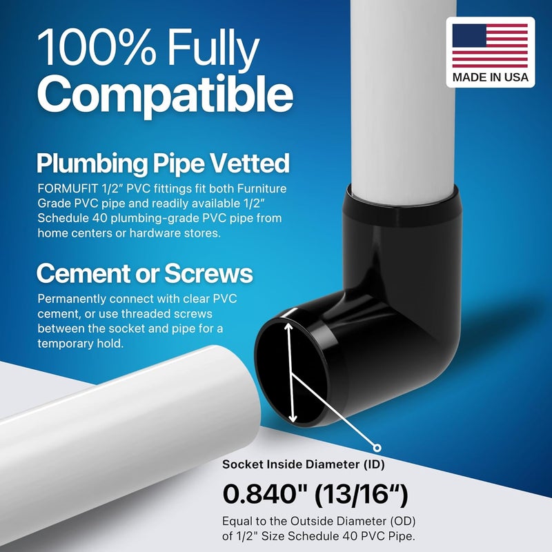 FORMUFIT 1/2" 90 Degree Elbow Furniture Grade PVC Fitting in Black, Made in USA, UV-Resistant, Impact-Proof, 0.840” Actual Socket Diameter (Pack of 10) - F012TEE-BK-10 - Image 5