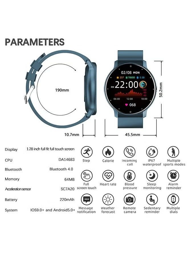 Men's and women's smartwatches, fitness trackers and heart rate, sleep monitor IP67 waterproof 1.28" full touch screen fashion sports watch Android IOS, RT-ZL02Pro Blue