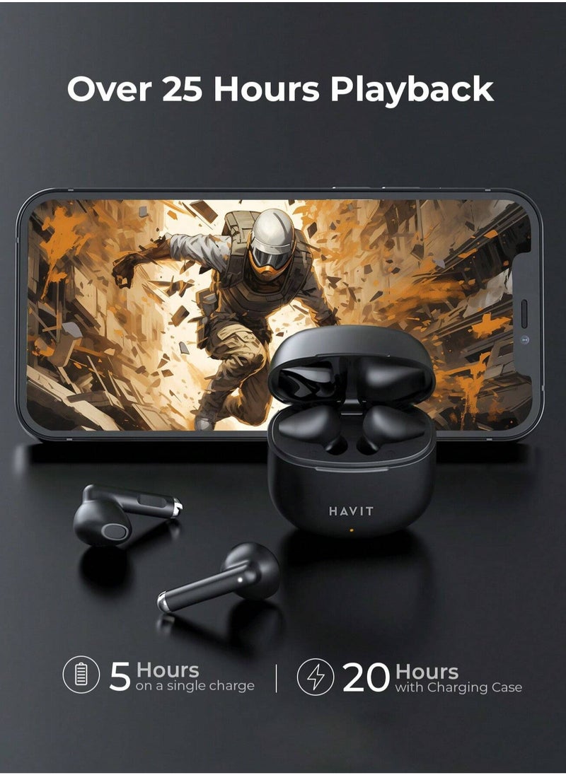 havit - True Wireless Earbuds with Stereo Sound, TWS Smart Touch Control, 25 Hours Playtime (Including Charging Case), Lightweight & Comfortable Design, Type-C Charging Port, Compatible with iOS, Android, PC, for Music, Calls, and Gaming - High-Quality Bluetooth Earbuds (Black) - Image 1