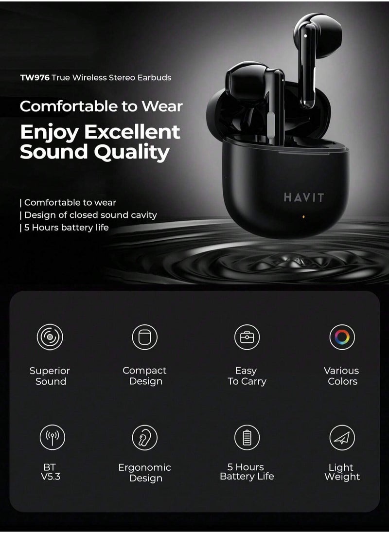 havit - True Wireless Earbuds with Stereo Sound, TWS Smart Touch Control, 25 Hours Playtime (Including Charging Case), Lightweight & Comfortable Design, Type-C Charging Port, Compatible with iOS, Android, PC, for Music, Calls, and Gaming - High-Quality Bluetooth Earbuds (Black) - Image 1